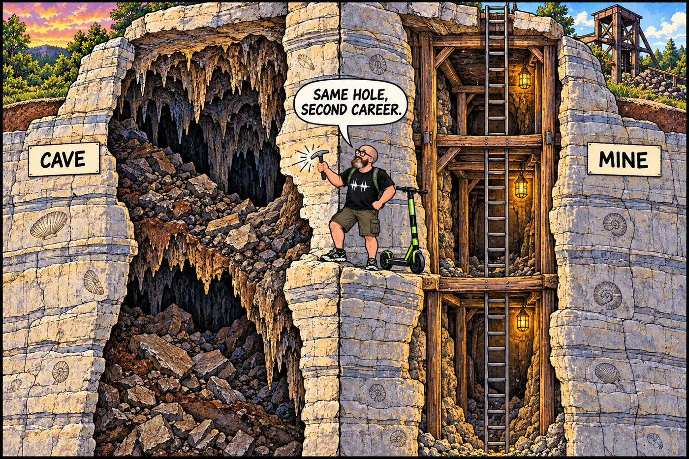 Labeled cutaway cross-section of a canyon cliff showing a breccia pipe: an ancient collapsed cave on one side filling with ore, a modern mine shaft cut into it on the other, with the host examining both halves.