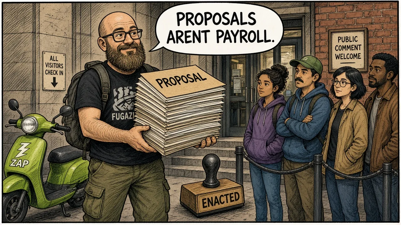 HOST comparing a giant proposed-cut document to a still-full visitor line
