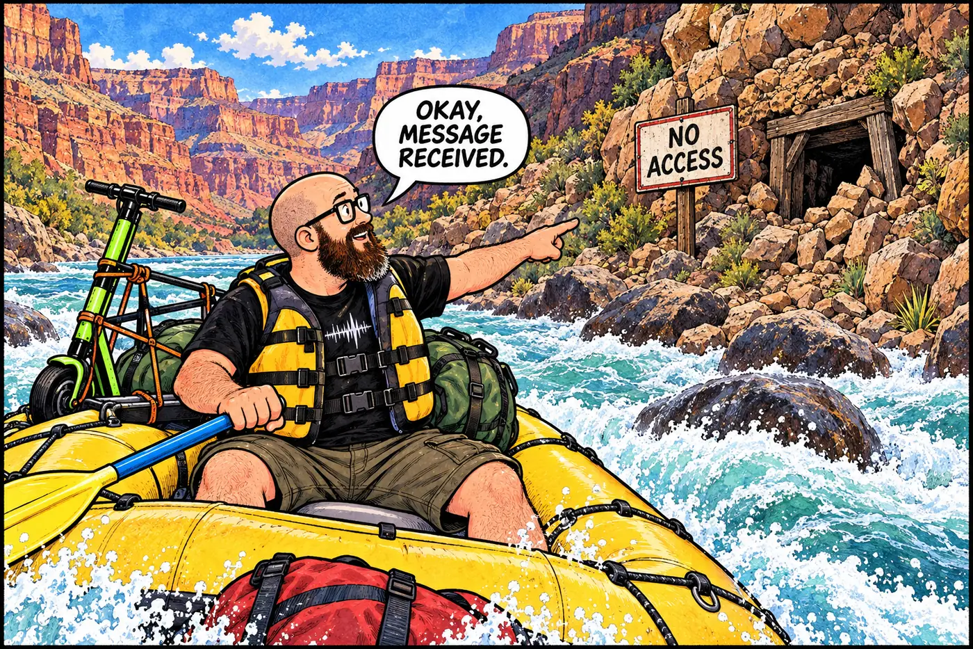 Comic panel of a river raft floating past a closed-river-corridor warning sign posted on the bank near an old mine opening