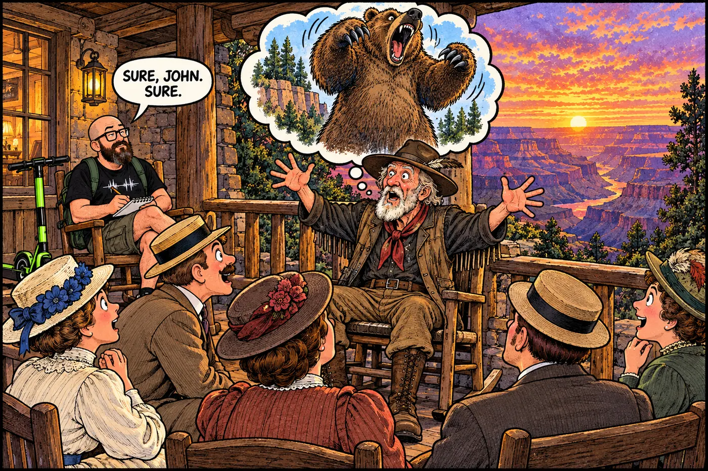 Comic panel of an old prospector telling an exaggerated grizzly bear story to a circle of wide-eyed tourists on a rim porch at sunset