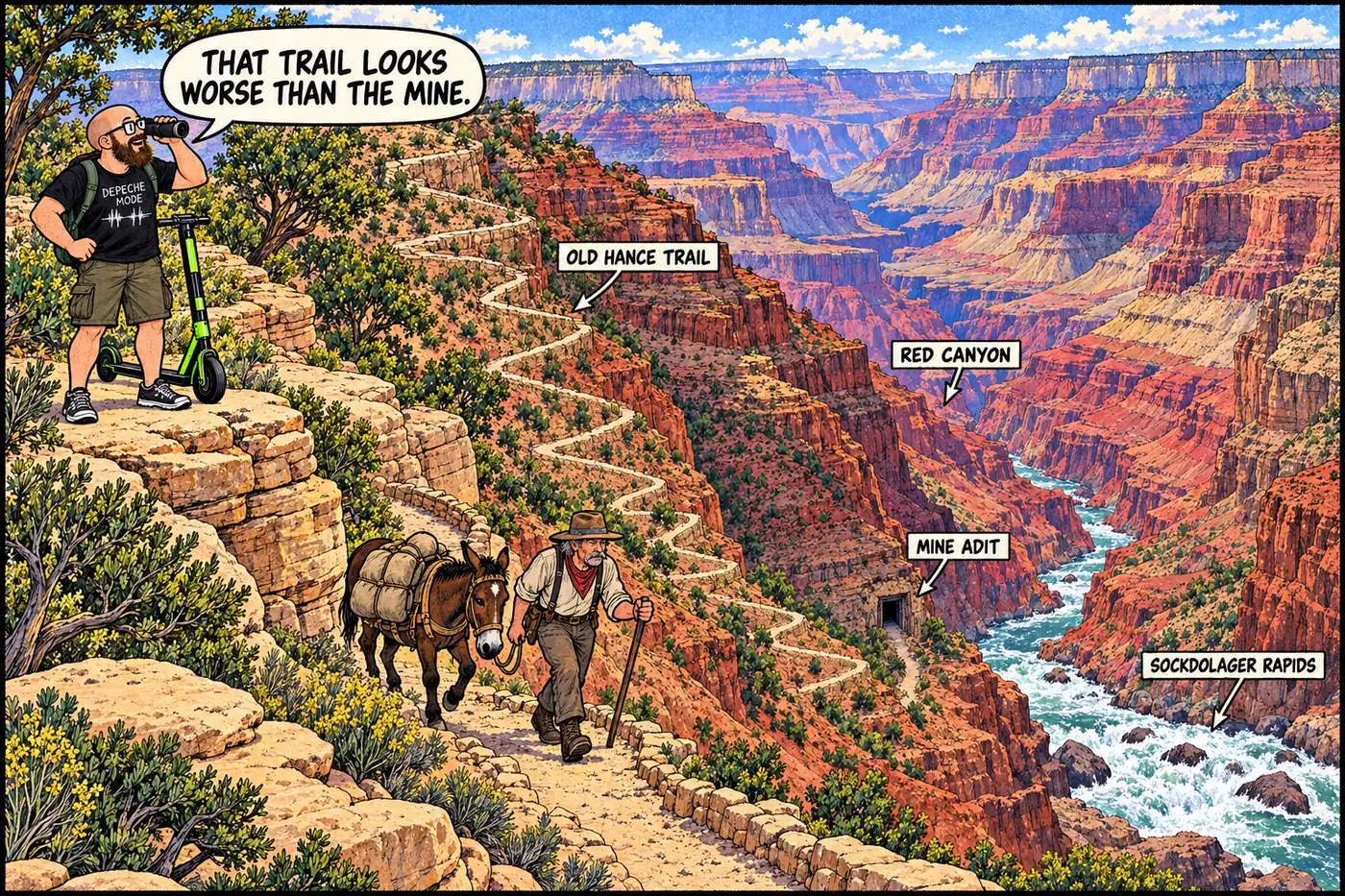 Cutaway illustration of a rugged switchback trail descending toward a small asbestos mine adit near a roaring rapid on the Colorado River