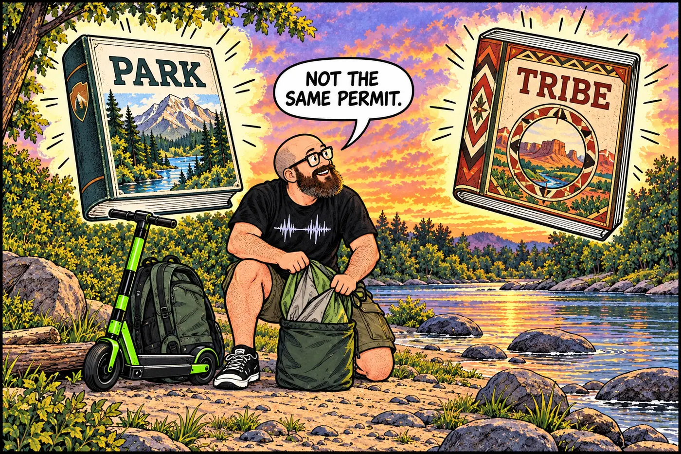 Host folds away a tent as a cartoon rulebook emphasizes the difference between a camping closure and tribal visitor permission