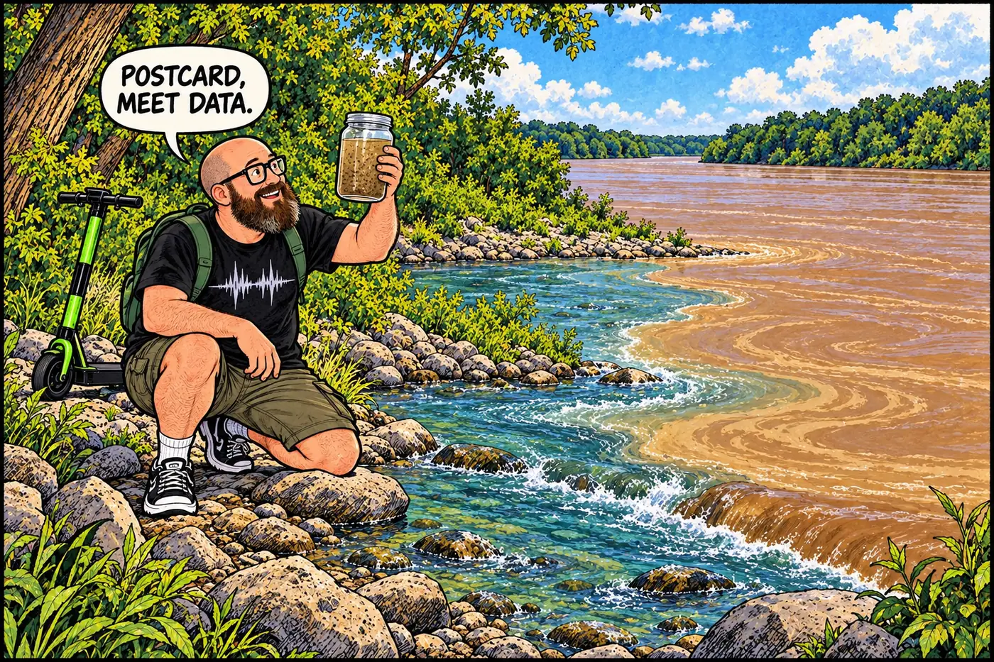 Cartoon host watches a generic sediment sampling jar turn cloudy while the creek's clear-looking surface remains deceptive