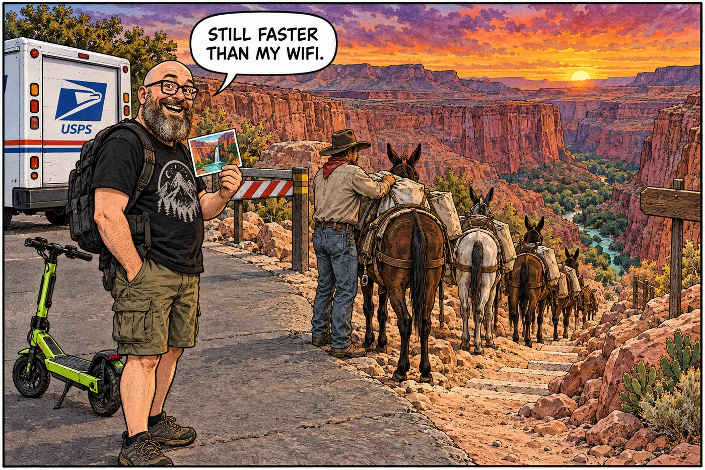 Cartoon of a mail carrier loading a mule with US Postal Service mailbags at the top of a canyon trail while a modern mail truck sits stranded and useless at the trailhead