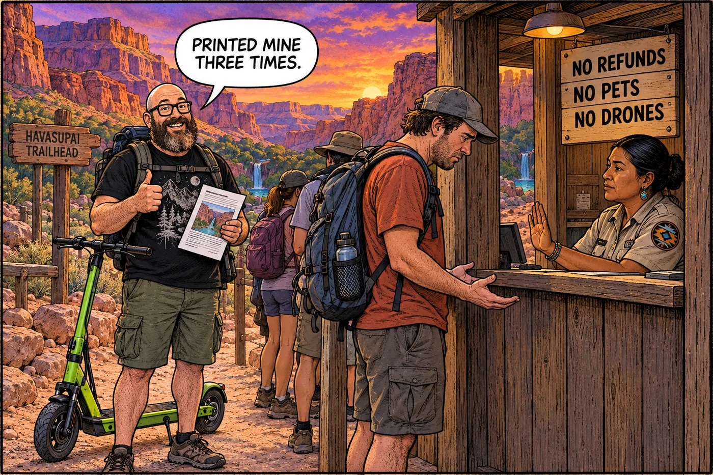Cartoon of a tour operator's booking desk with a giant checklist of Havasupai reservation rules and a visitor being turned away for not having a booking