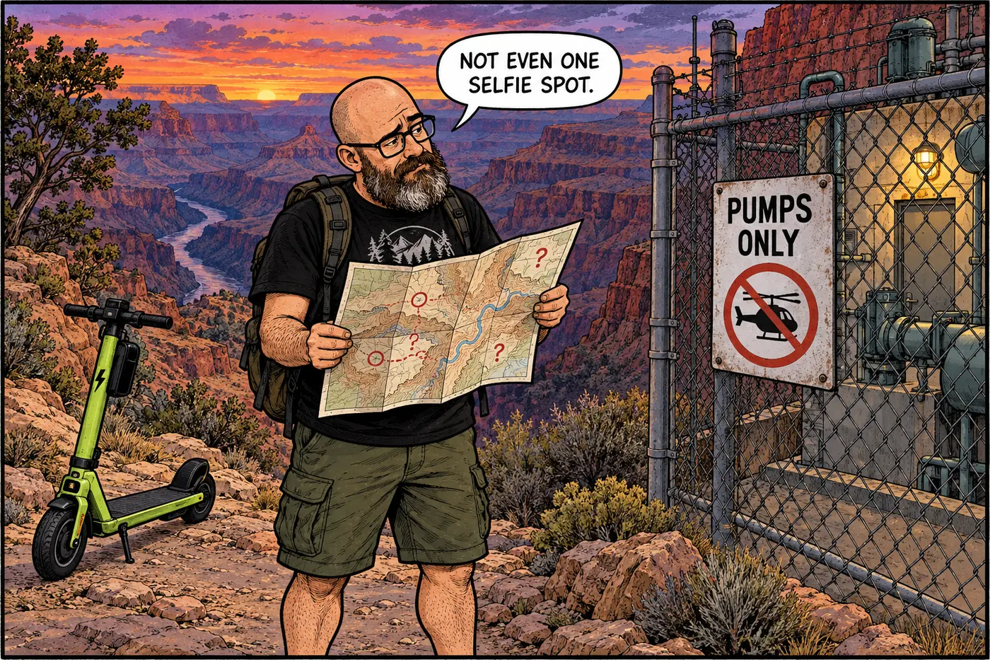 Cartoon of the host holding a hand-drawn tourist map searching for a helicopter landing pad at Phantom Ranch, finding only a padlocked pump house gate