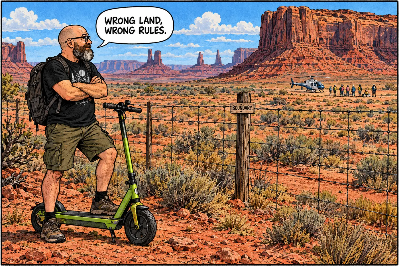 Cartoon of the host on his lime-green scooter watching a distant tour helicopter land far across a boundary fence on tribal land