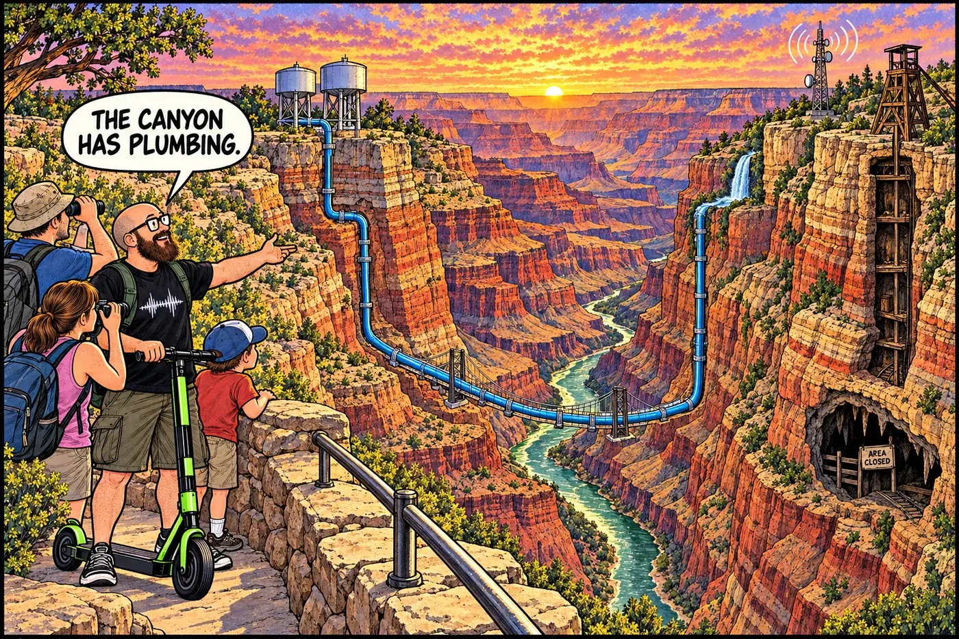 The ErrorZap host at the South Rim points out a hidden pipeline, radio tower, mine shaft, and closed cave inside the Grand Canyon while tourists look at the view.