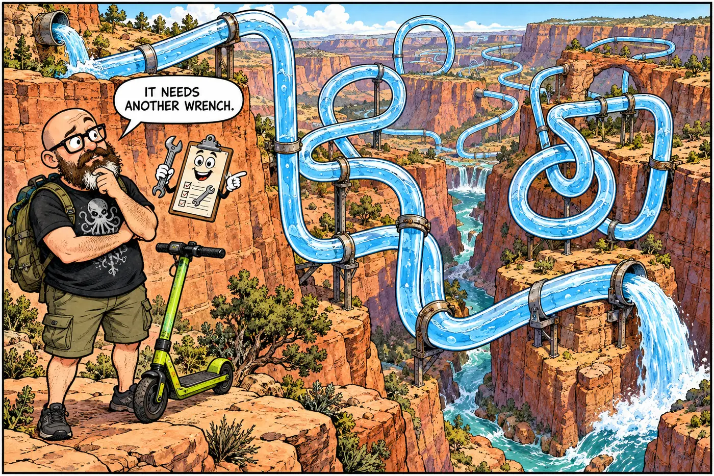 Host watches an unhelpfully long schematic water pipe cross a painted canyon cutaway