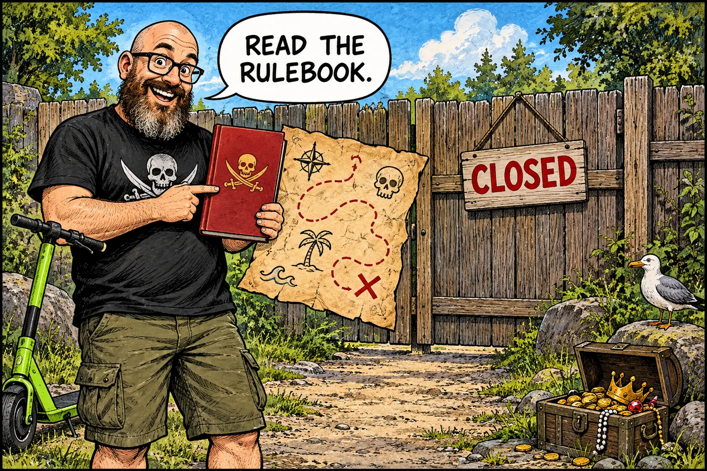 Host compares a plain rulebook and a fanciful treasure map outside a generic fenced utility plant
