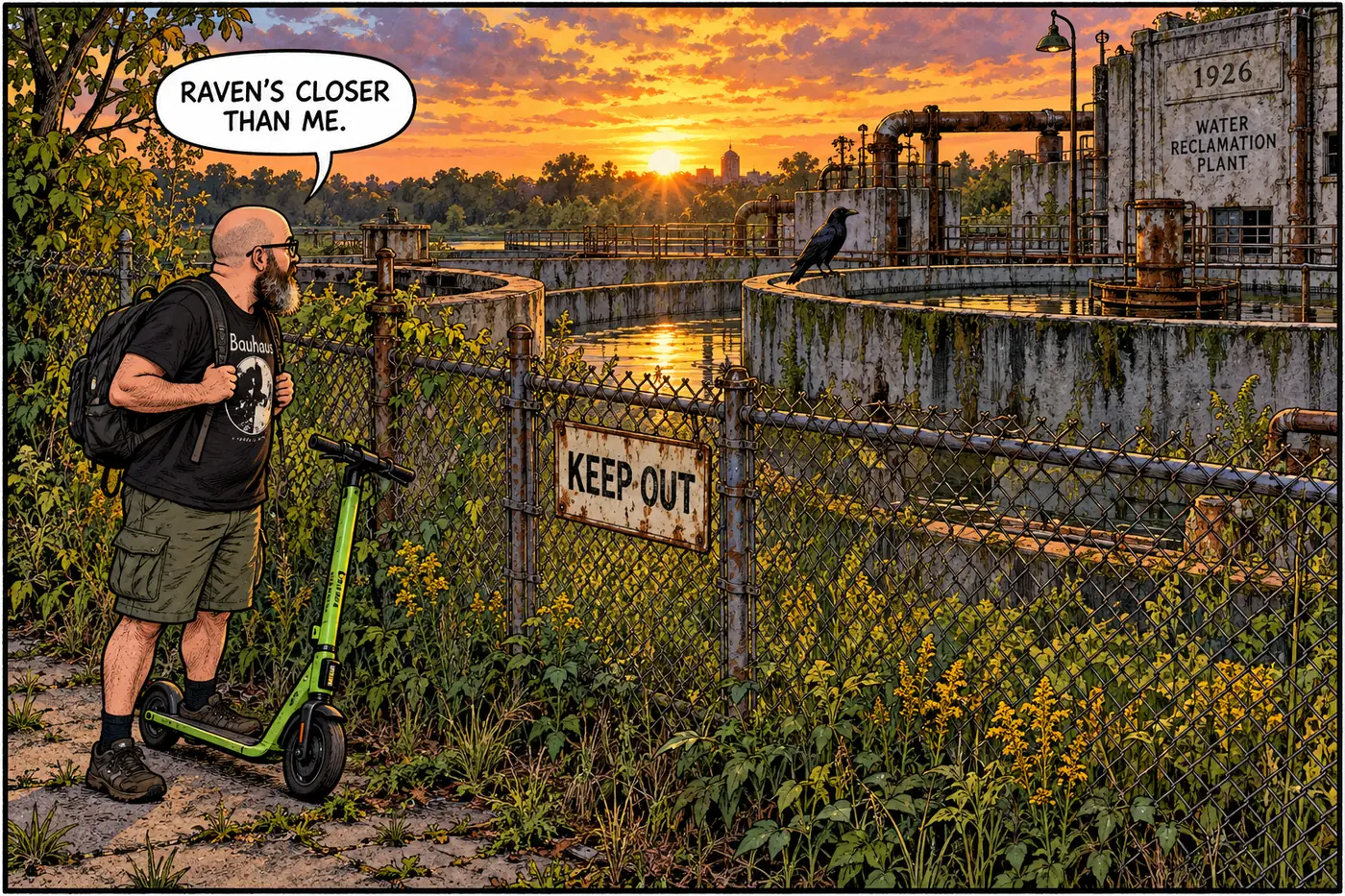 The host reads a keep out sign on a chain-link fence around the old plant's weathered concrete tanks while a raven perches inside the fence line