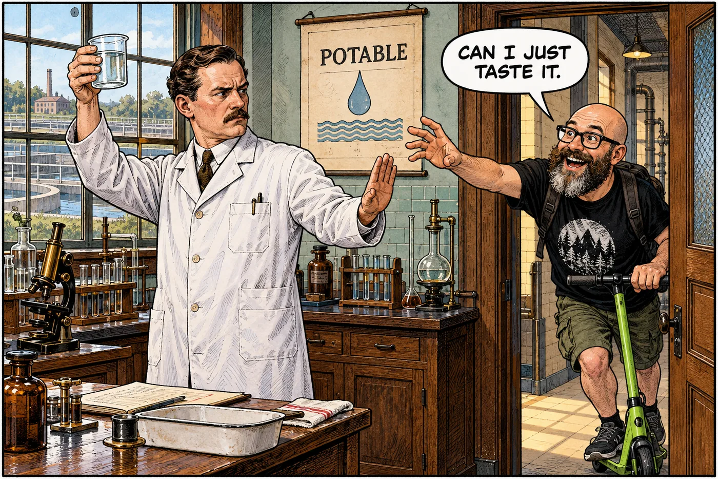 The host reaches for a beaker of clear reclaimed water in a 1920s laboratory while a technician holds it out of reach next to a sign reading potable