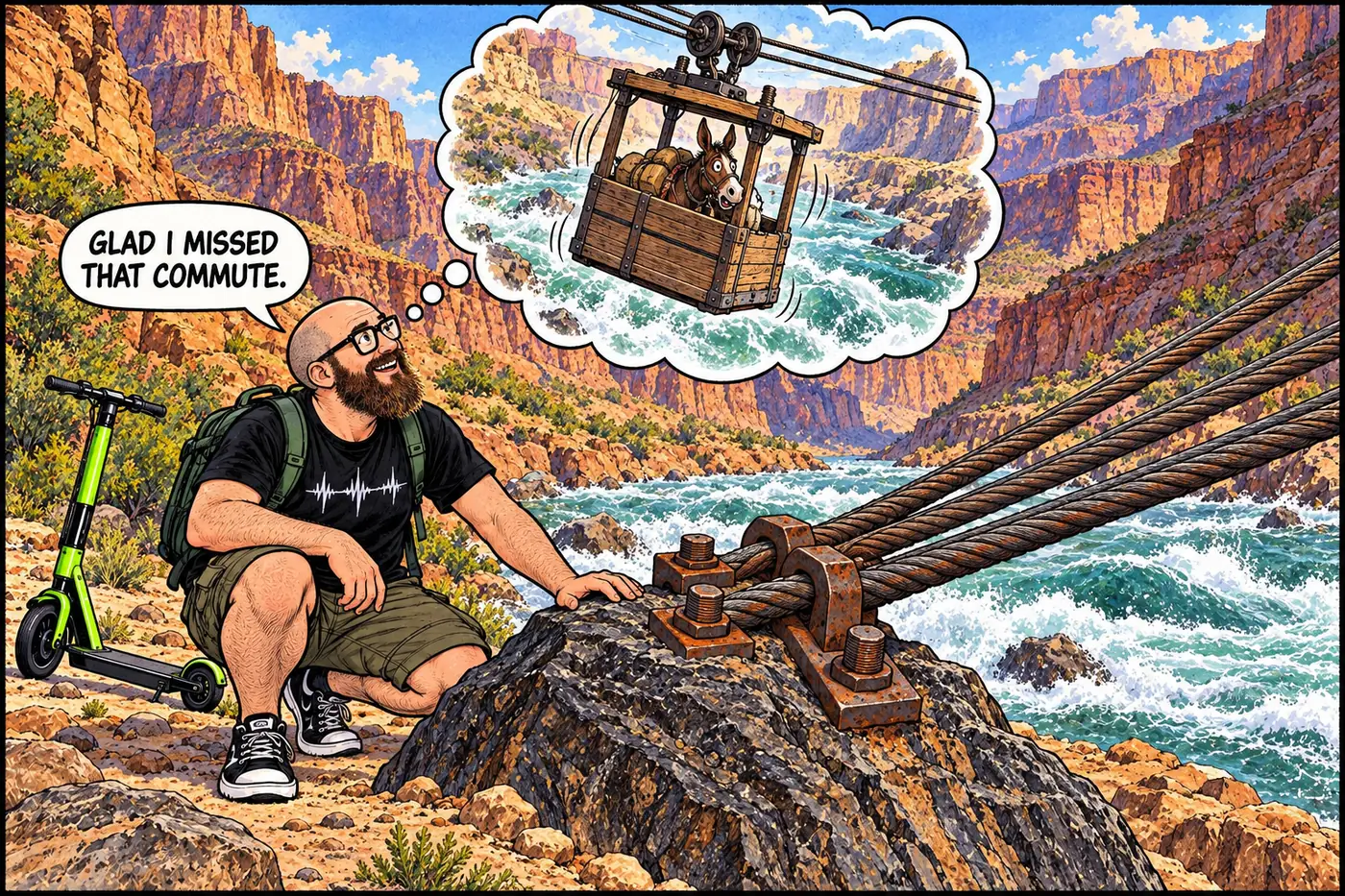 The host examines old rusted cables anchored into rock at the river's edge, imagining a rickety cable car ride across the Colorado