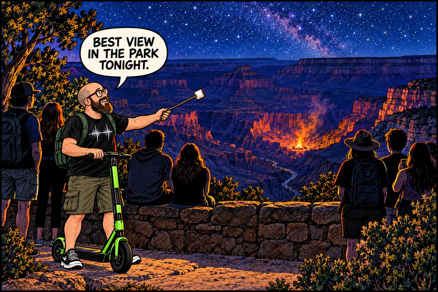 The host watches a distant bonfire at night from Grand Canyon Village as onlookers gather to watch old camp buildings burn
