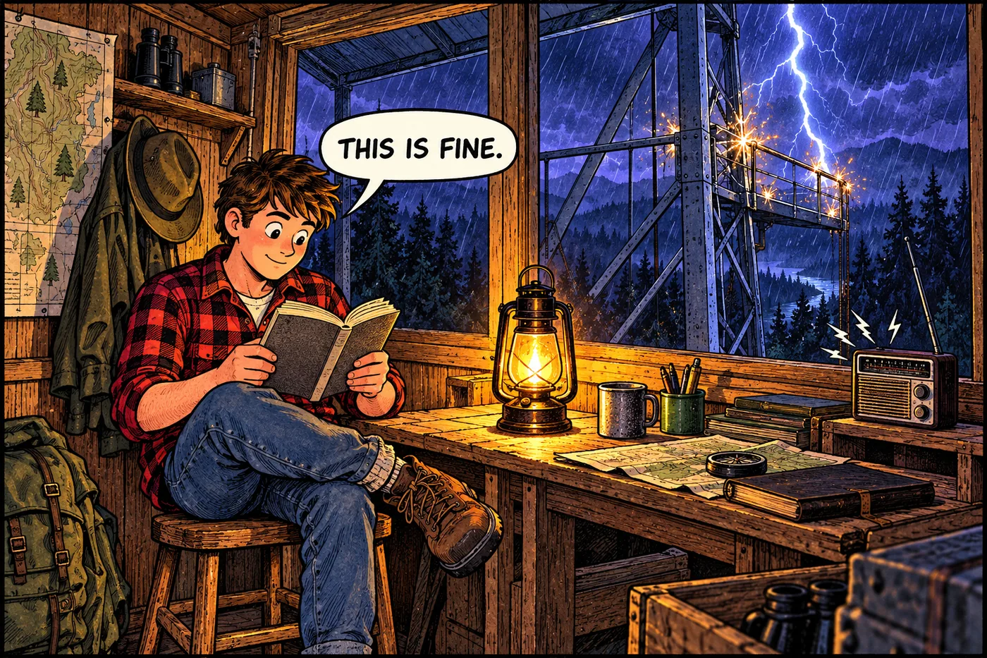 Comic panel of a young 1969 forestry student sitting on a stool inside the fire lookout cabin during a thunderstorm, lightning striking the tower above while he calmly reads a paperback book by lantern light