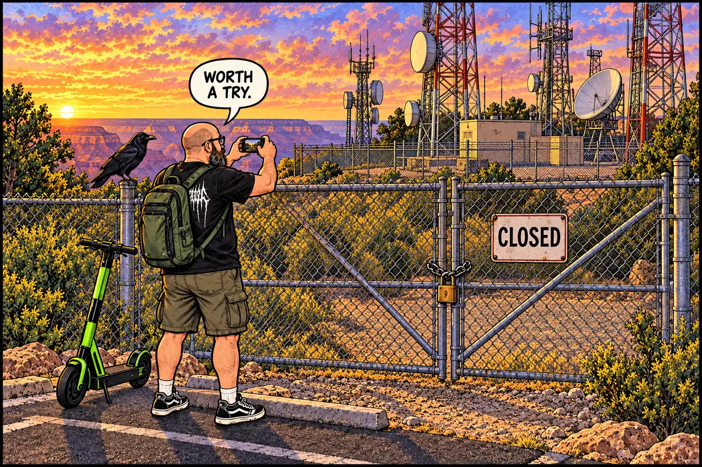 Comic panel of the HOST trying to photograph the Hopi Point repeater compound from just outside a locked gate while a small posted sign reads CLOSED in bold letters