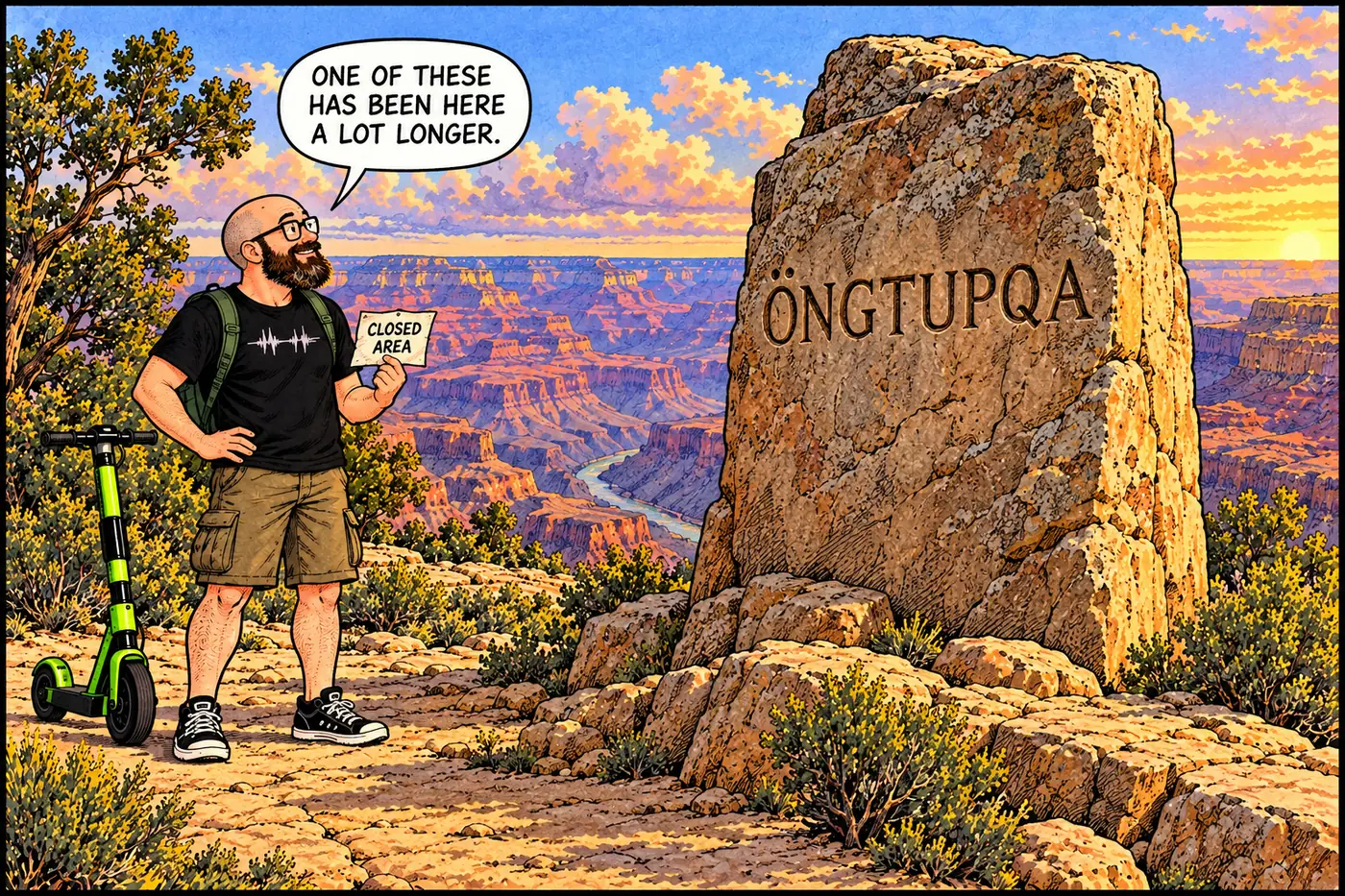 Comic panel of the host holding a thin modern paper closure sign up against a much older, larger stone-carved name that dwarfs it