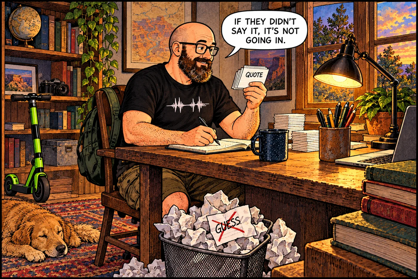 Comic panel of the host at a writing desk with a small stack of approved quote cards and a much larger crossed-out pile of invented guesses in a wastebasket
