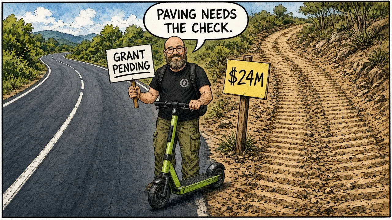 HOST holding a GRANT PENDING placard next to a paved vs dirt split road gag