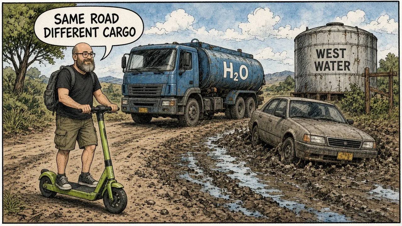 HOST waving a water truck past a West Water tank while tourist cars wait
