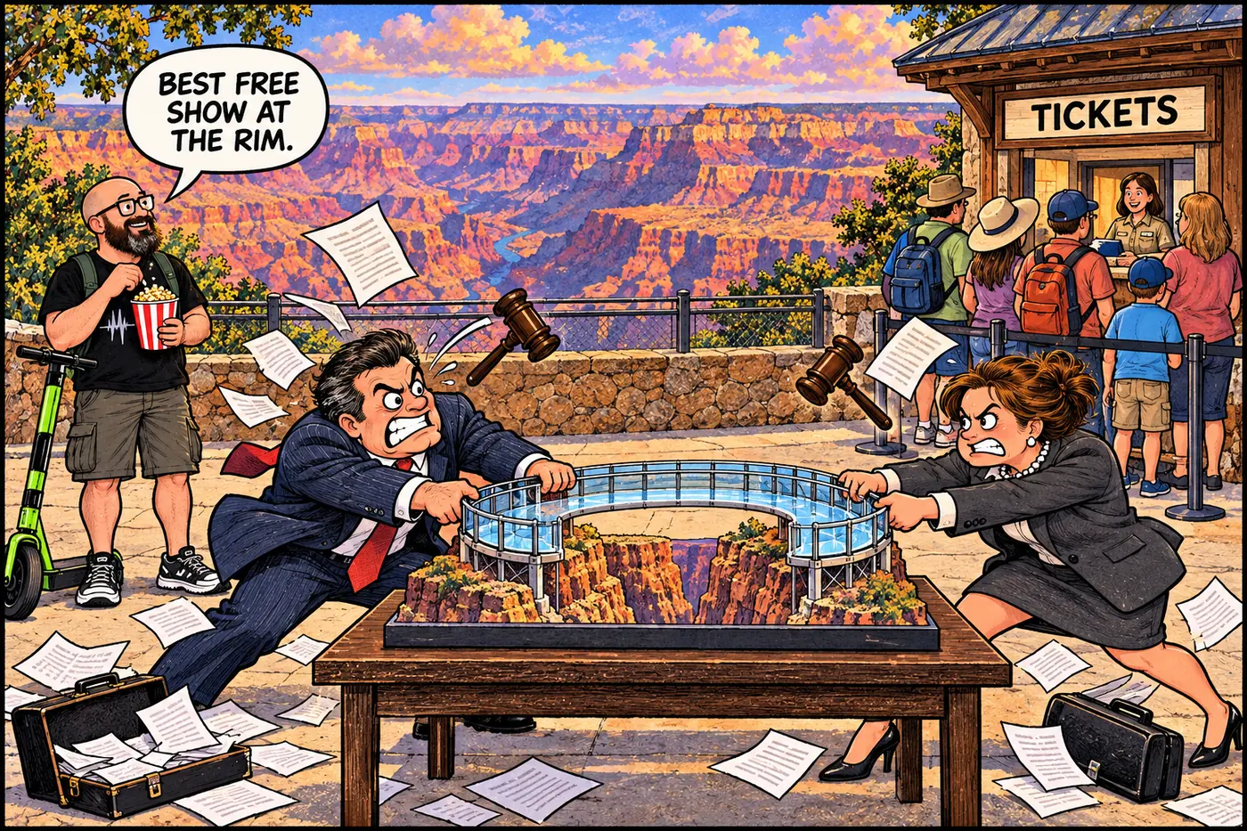 Cartoon of two cartoon lawyers tug-of-warring over a miniature model of the glass Skywalk bridge while tourists keep buying tickets in the background