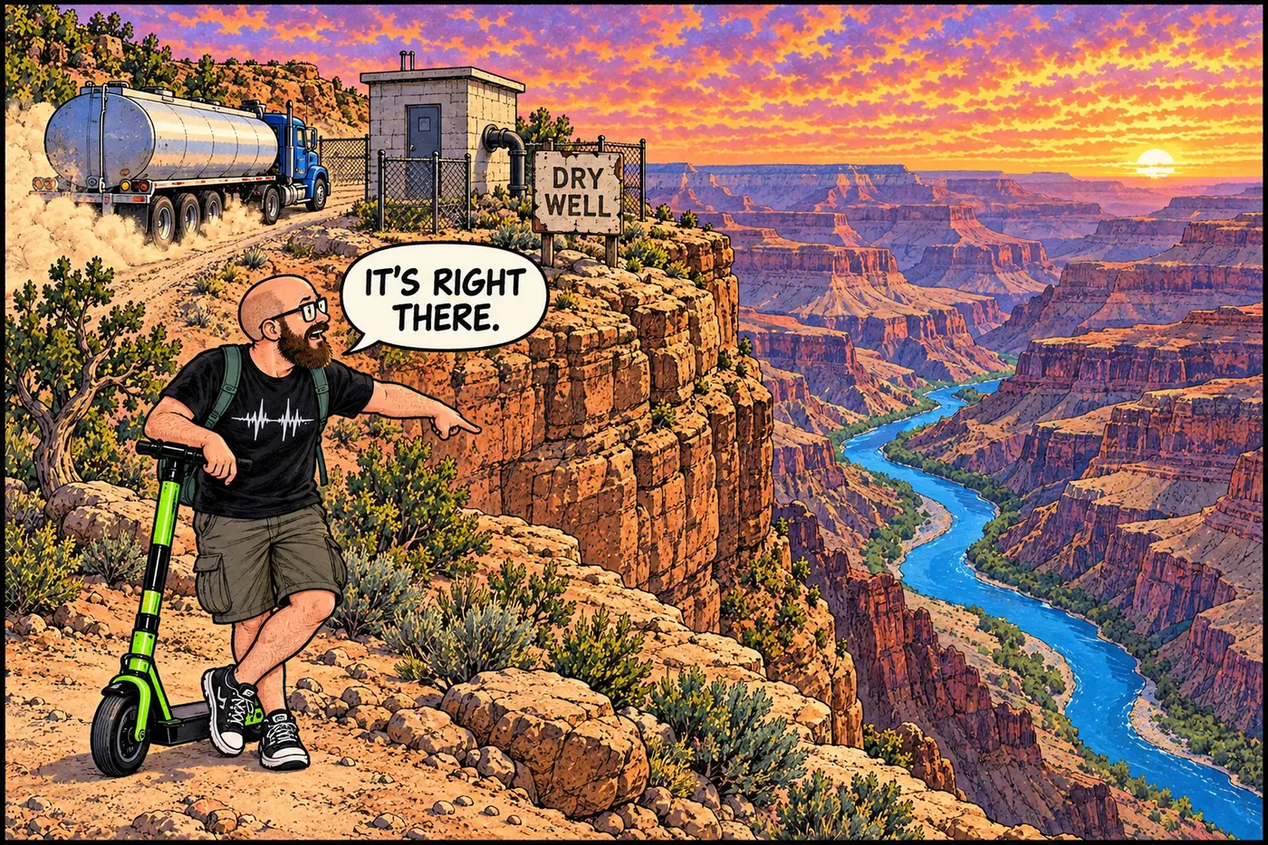 Cartoon of a water tanker truck driving a long dusty road toward a dry well at a rim tourist facility, with the Colorado River visible far below in the canyon