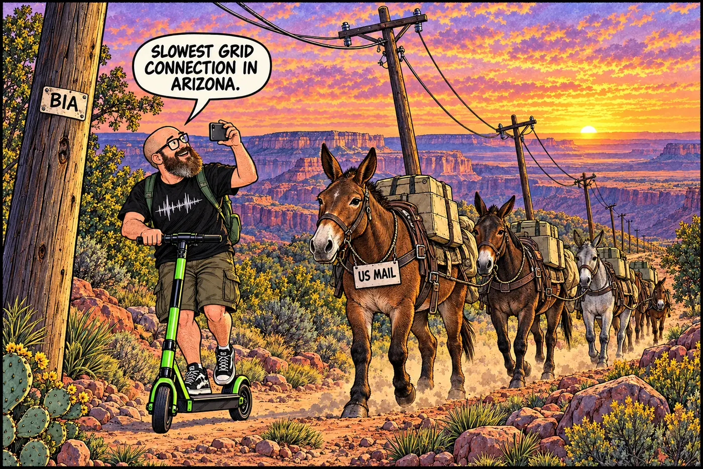 Cartoon of a pack mule train walking beneath a 70-mile power line strung across the plateau toward a canyon rim
