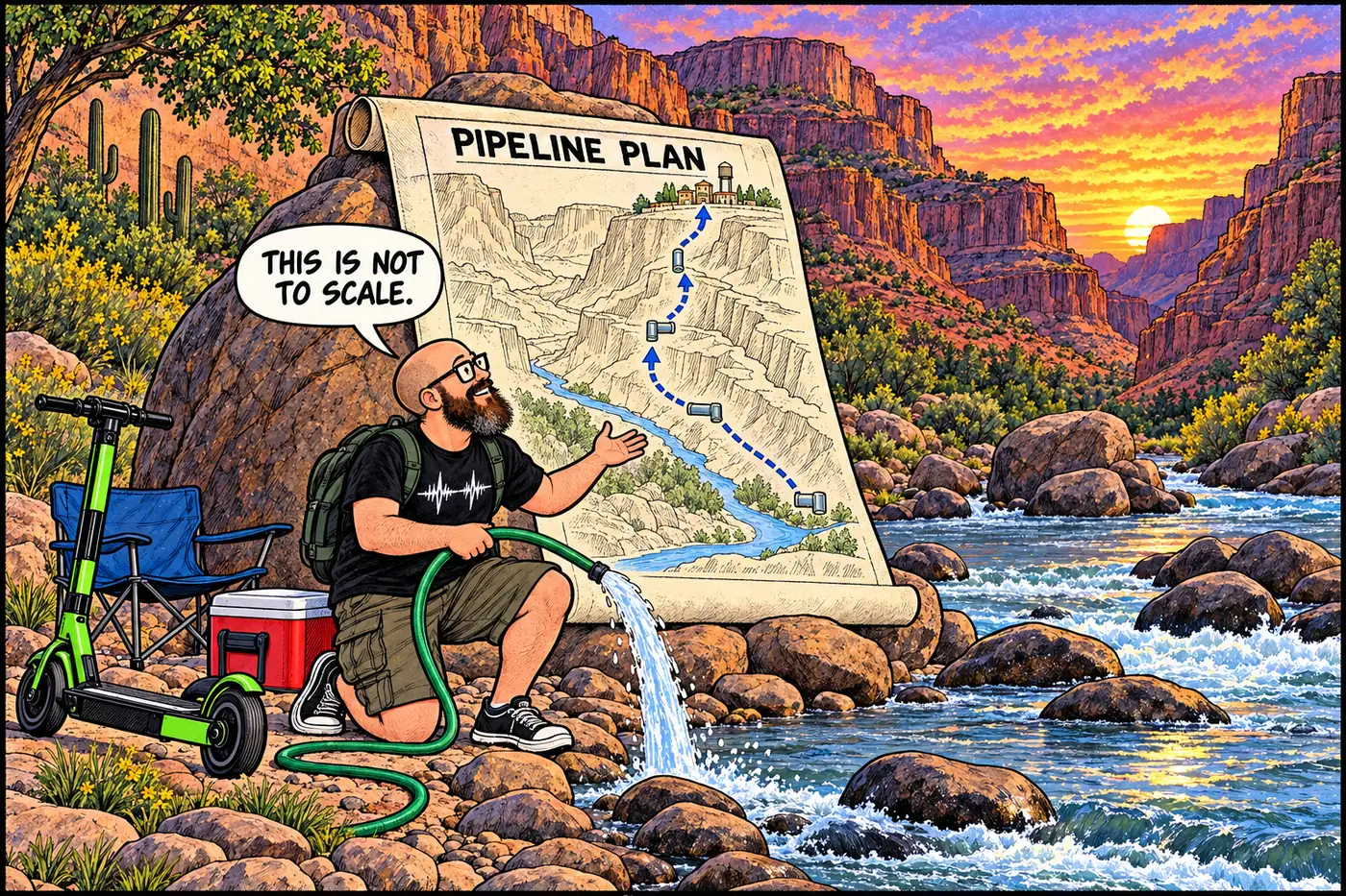 Cartoon of a rolled-up blueprint of a water pipeline standing next to a small intake structure on the riverbank, with a tag reading FUTURE PROJECT