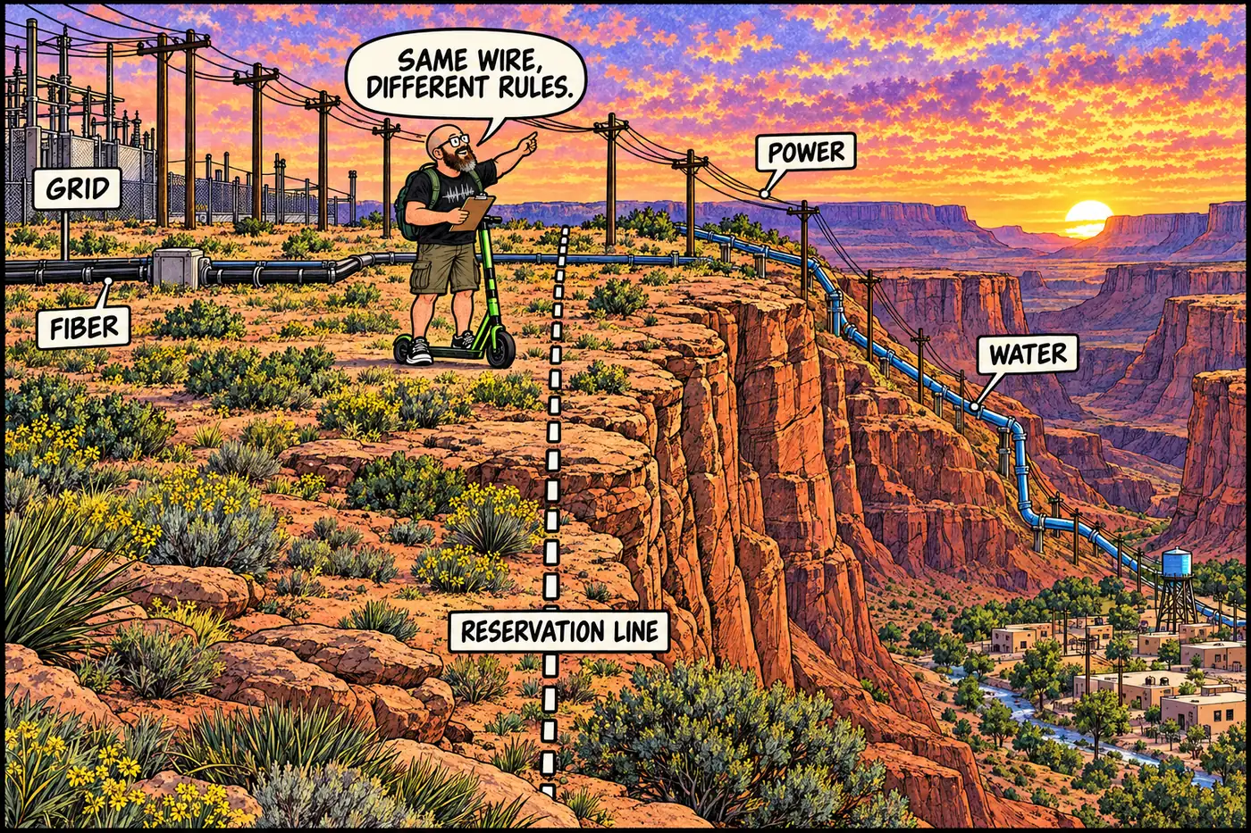 Labeled cutaway illustration of a power line and pipeline crossing from a canyon rim plateau down into tribal land, with a dotted jurisdiction line marking where federal land becomes reservation land