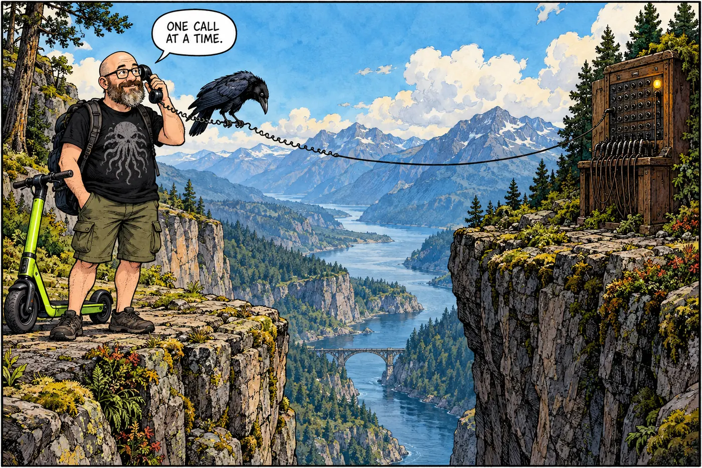Comic host waits by an old telephone while a single speech line stretches between stylized canyon rims