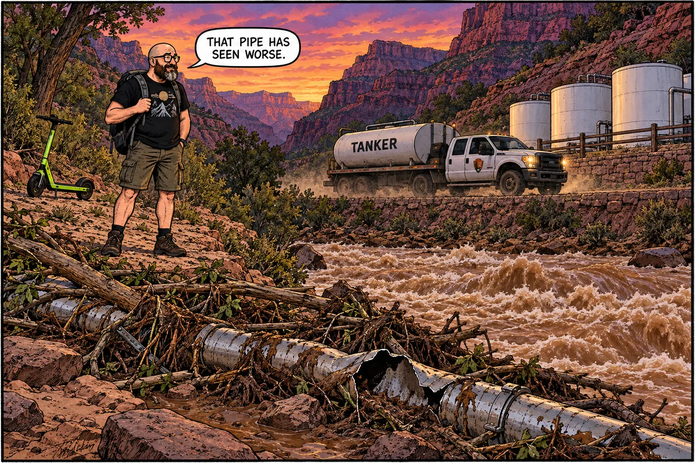 The host watches a National Park Service water tanker truck drive past storage tanks near a flood-damaged, muddy creek at dusk