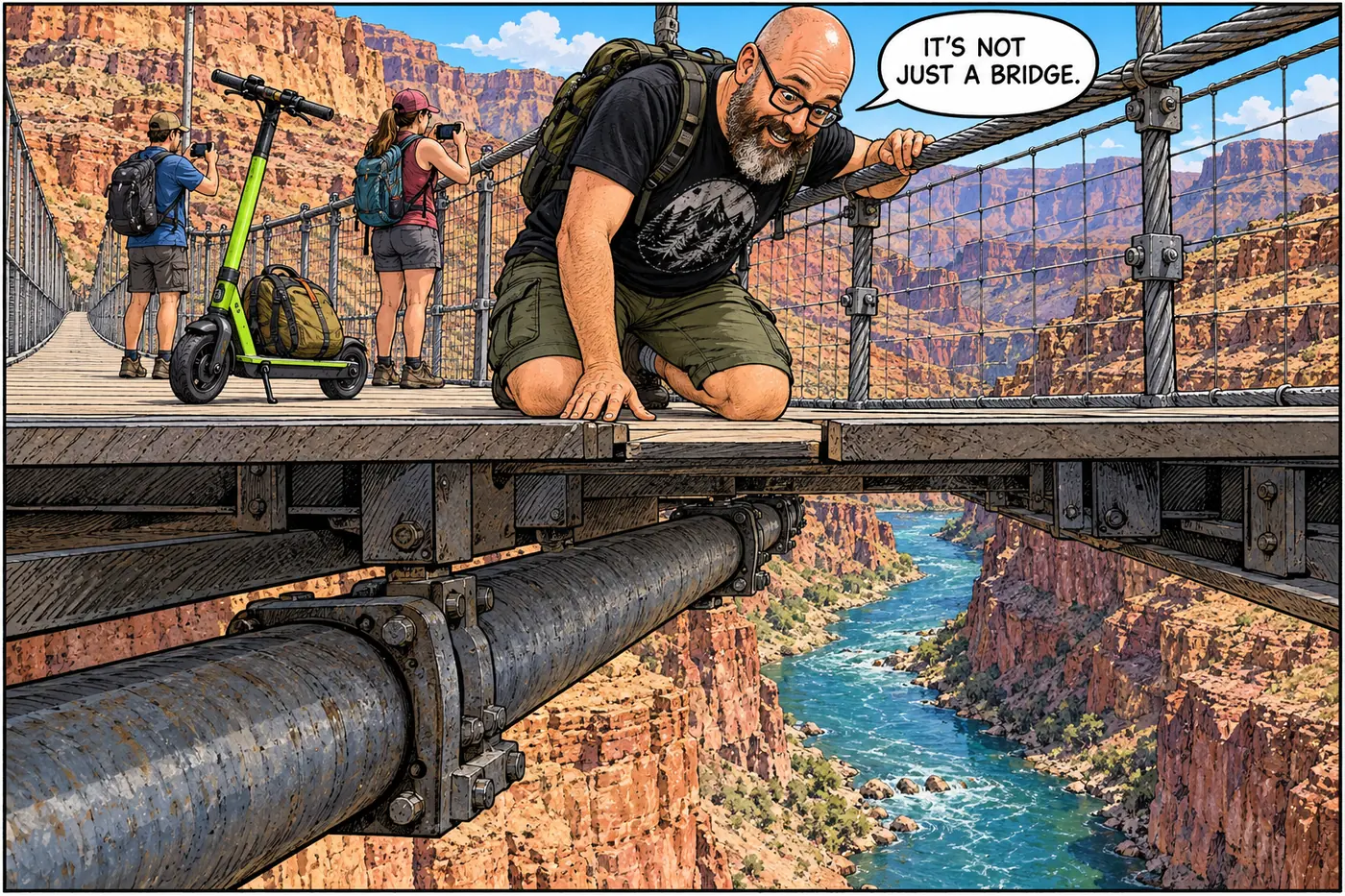 The host peers through a gap in a suspension bridge deck at a water pipe bolted underneath while hikers photograph the river obliviously
