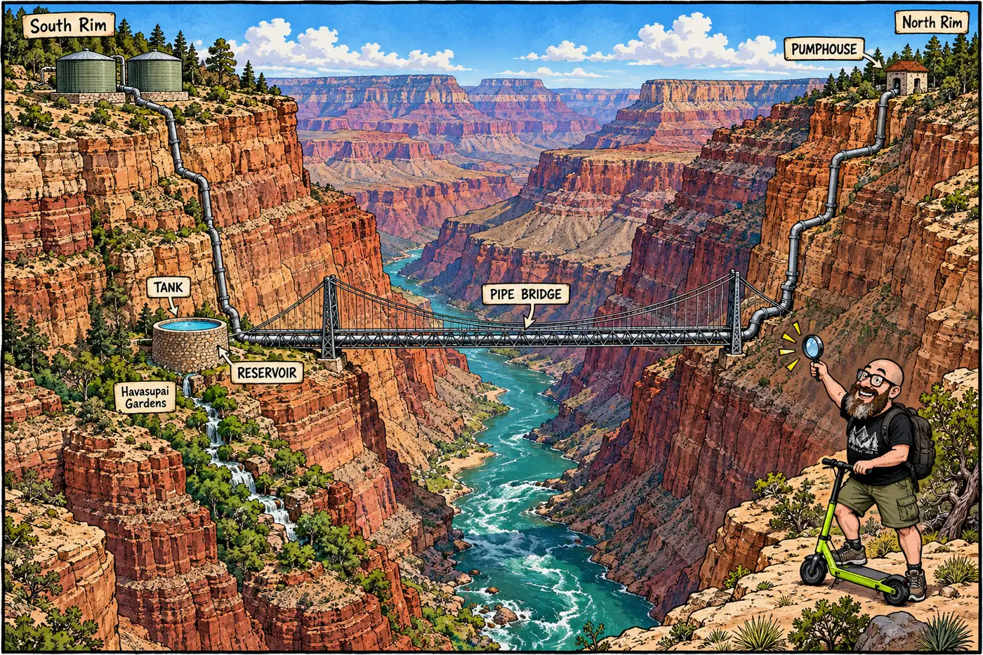 Labeled cutaway diagram of the inner canyon water system showing a reservoir tank, a pipe hidden inside a river bridge, and a pumphouse