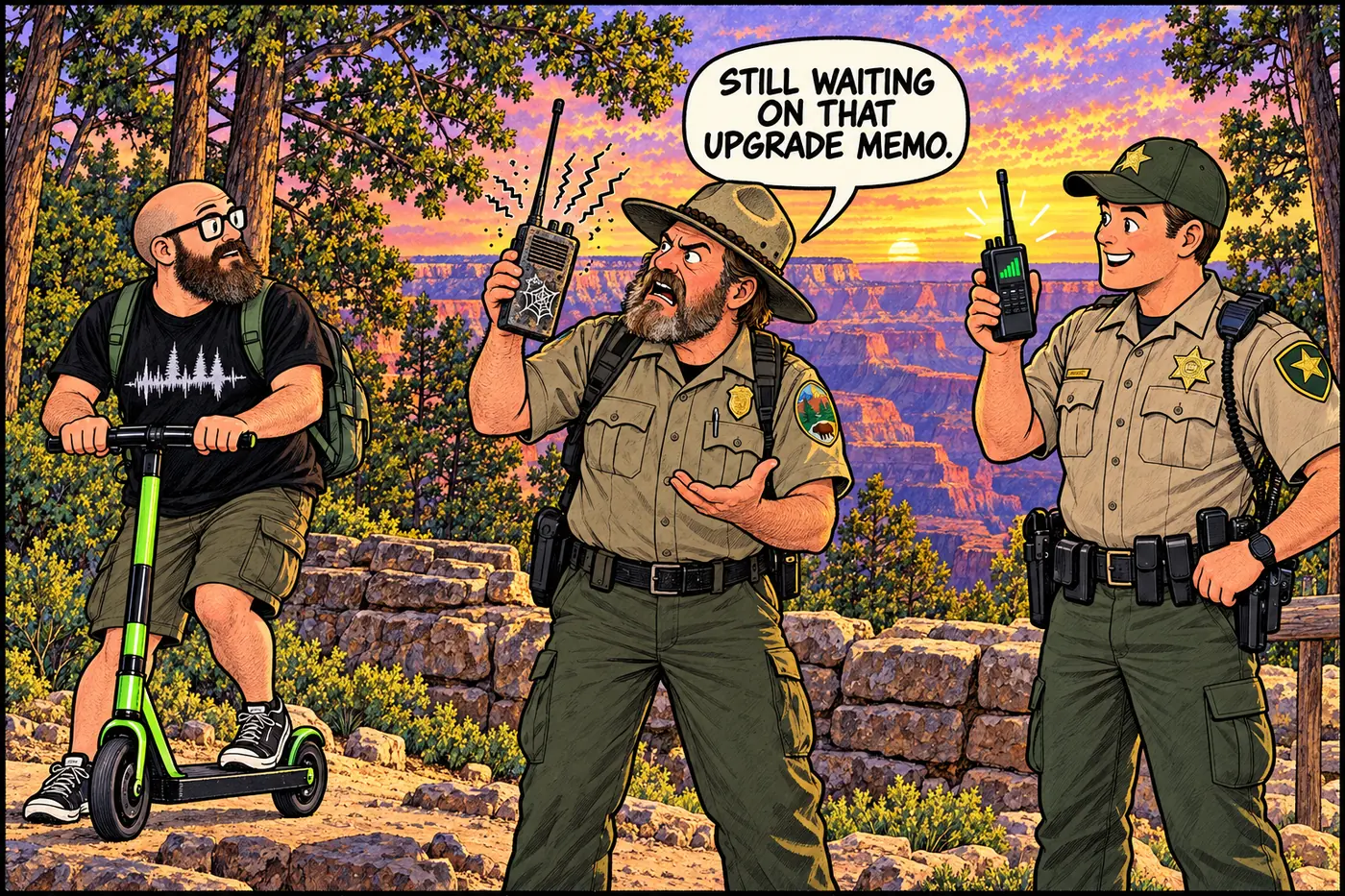 Cartoon of a park ranger holding a crackling old analog radio next to a deputy holding a clear digital radio, both looking puzzled in the forest