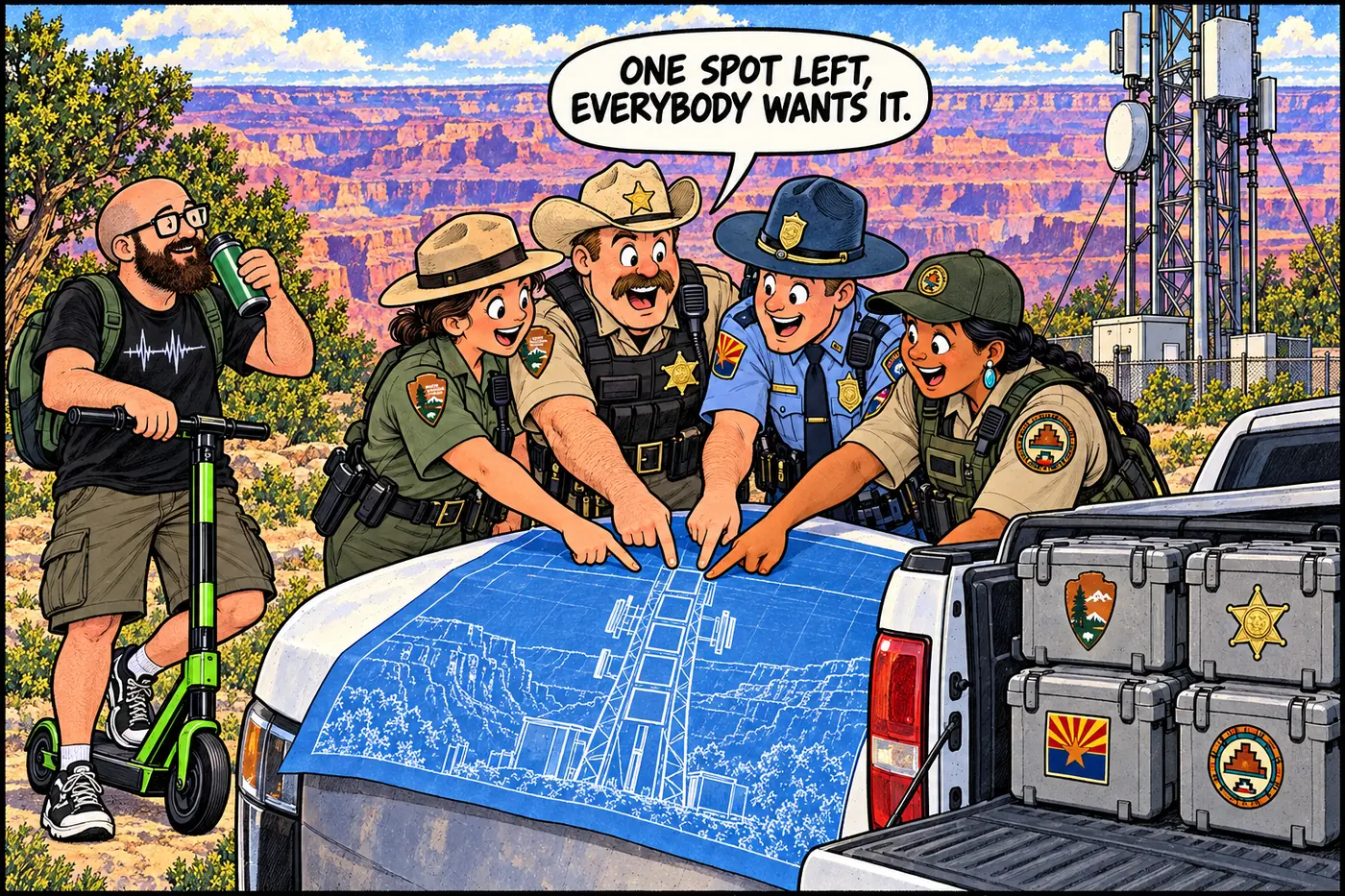 Cartoon of four uniformed agency representatives all pointing at the same tiny open spot on a shared radio tower blueprint