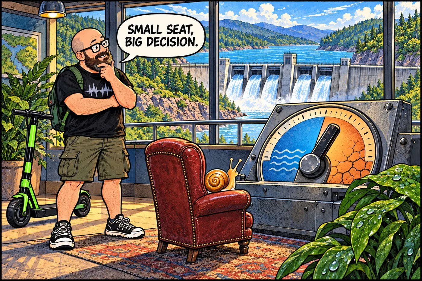Host compares a small riverbank snail habitat to a large dam control panel
