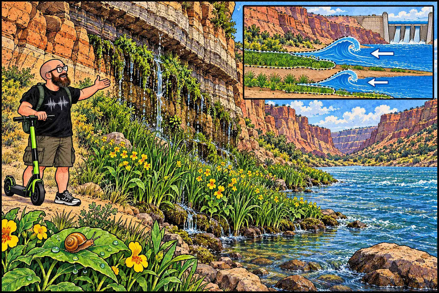 Illustrated spring-fed canyon wetland with a tiny amber snail above a changing river edge