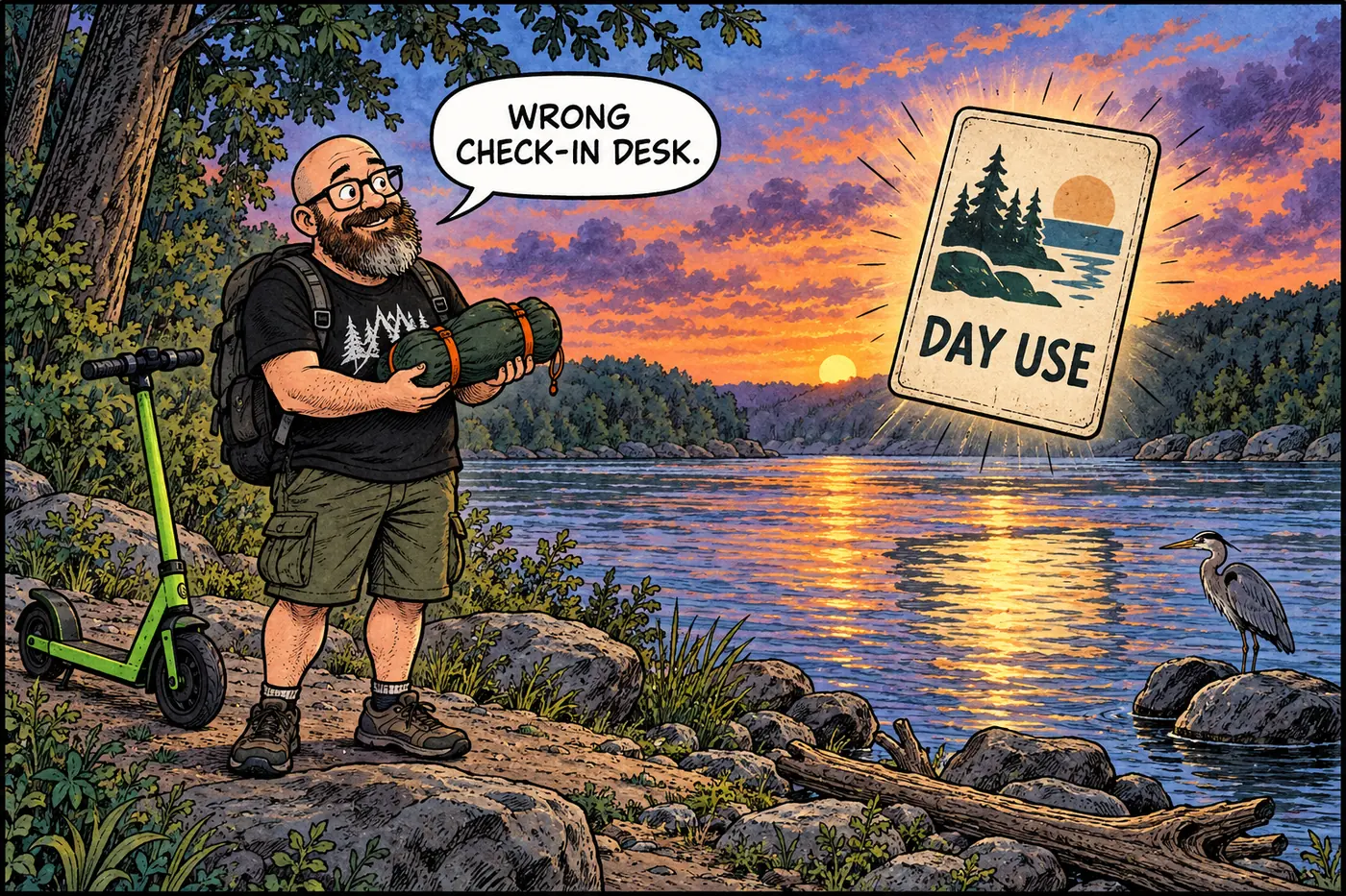 Host realizes a day-use river stop is not a campsite while a packed tent stays inside a boat