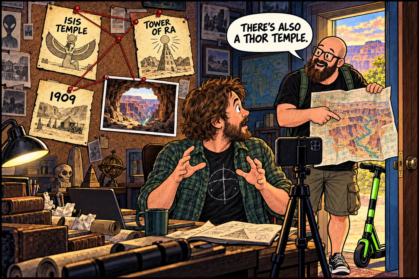 A man films himself in front of a conspiracy corkboard linking Isis Temple and Tower of Ra while the host points at a canyon map.