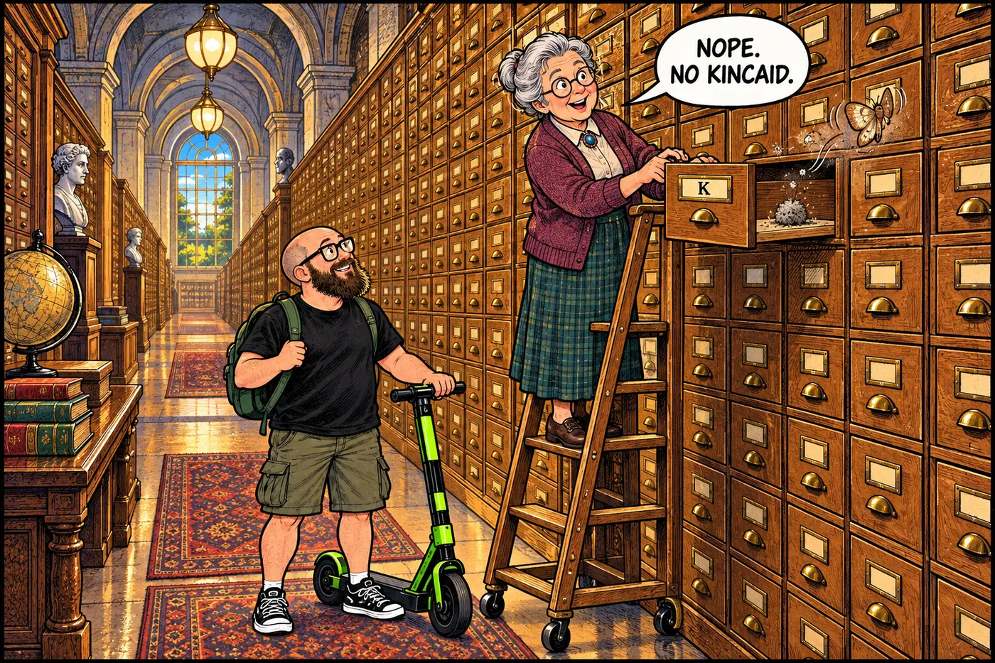 An archivist on a rolling ladder opens an empty card-catalog drawer labeled K while the host looks up hopefully.