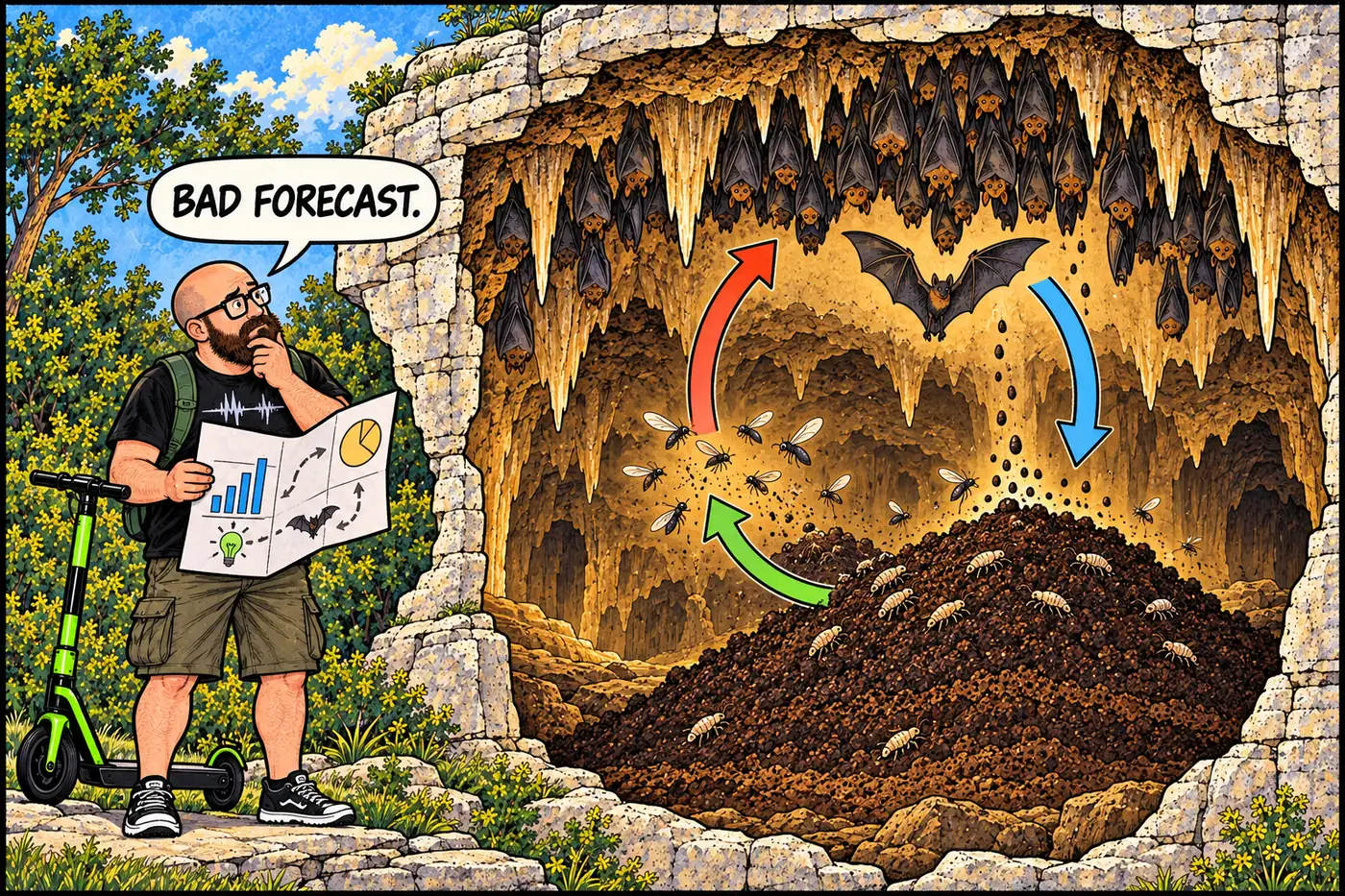 Bat guano supports a cartoon food web while an obsolete business plan is quietly retired by the host
