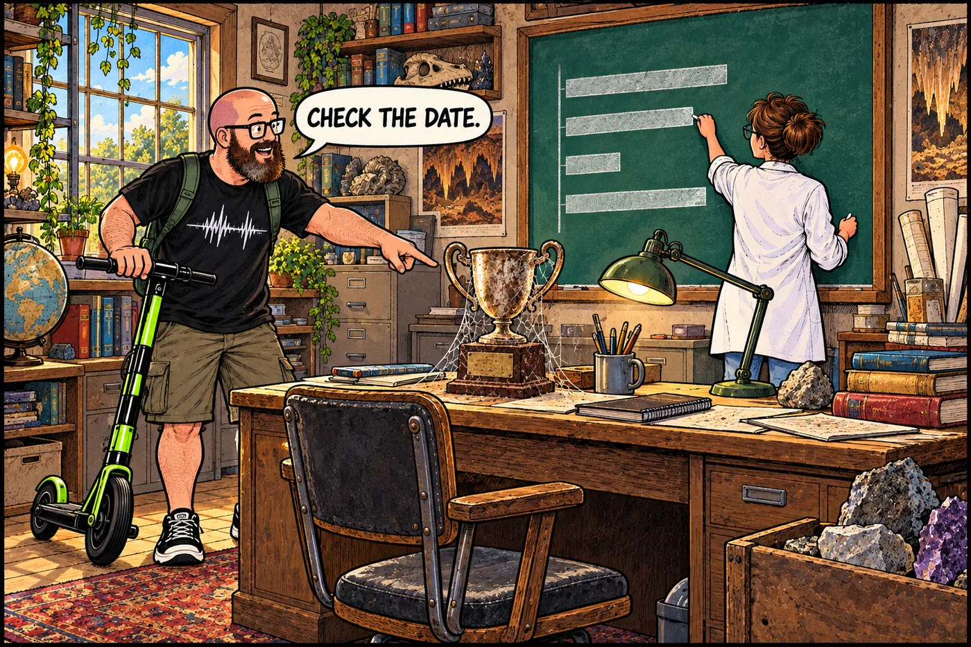 Researcher updates a chalkboard of historical cave survey lengths as the host notices the old date and revises the record