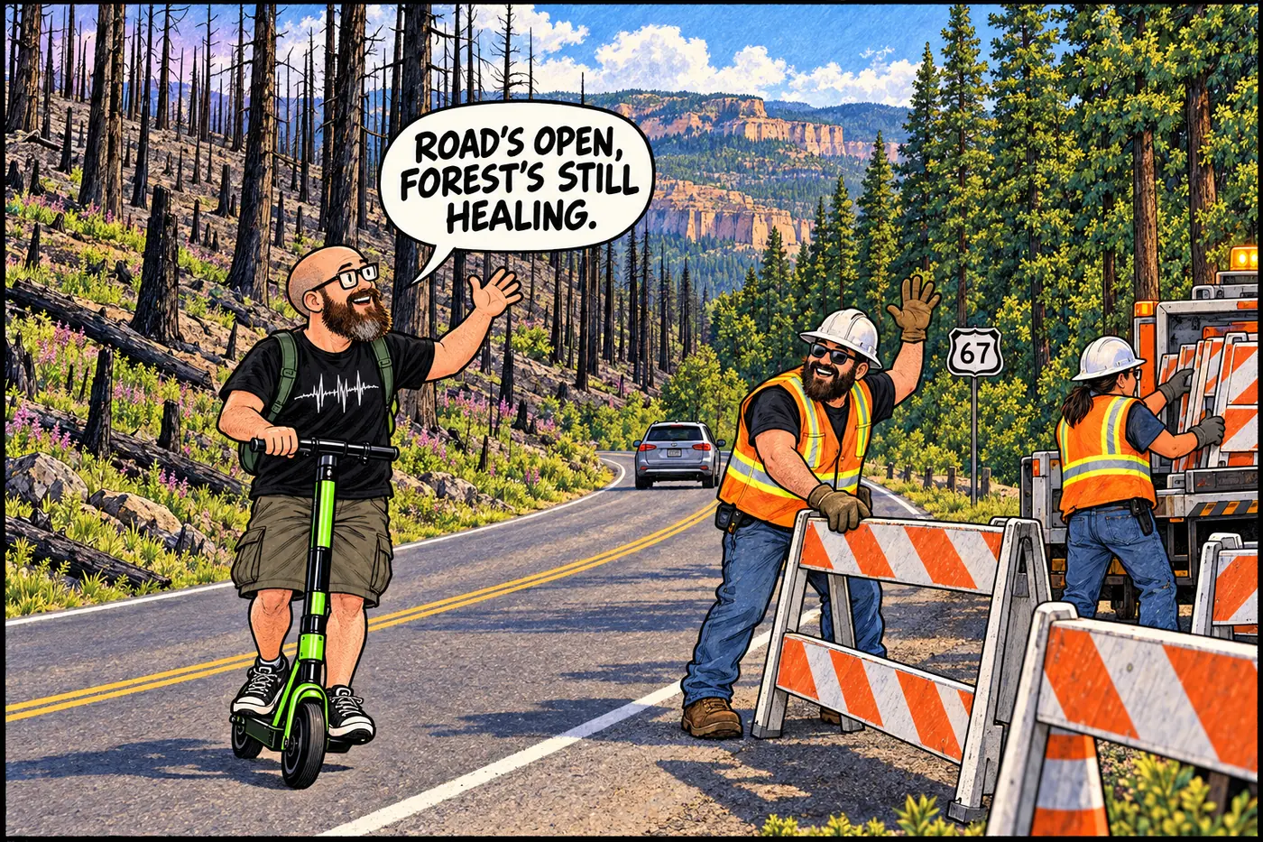 A comic panel of a road crew reopening a barricaded highway near a burned forest patch while the HOST rides past on his e-scooter