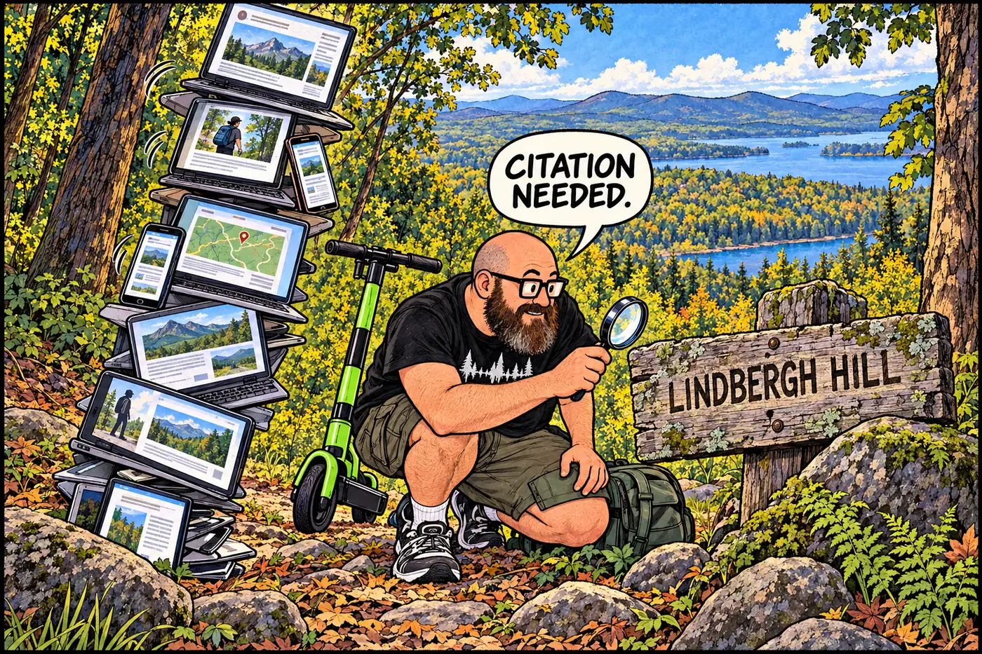 The HOST holding a magnifying glass up to a small wooden Lindbergh Hill sign while a stack of unreliable hiking websites tips over behind him