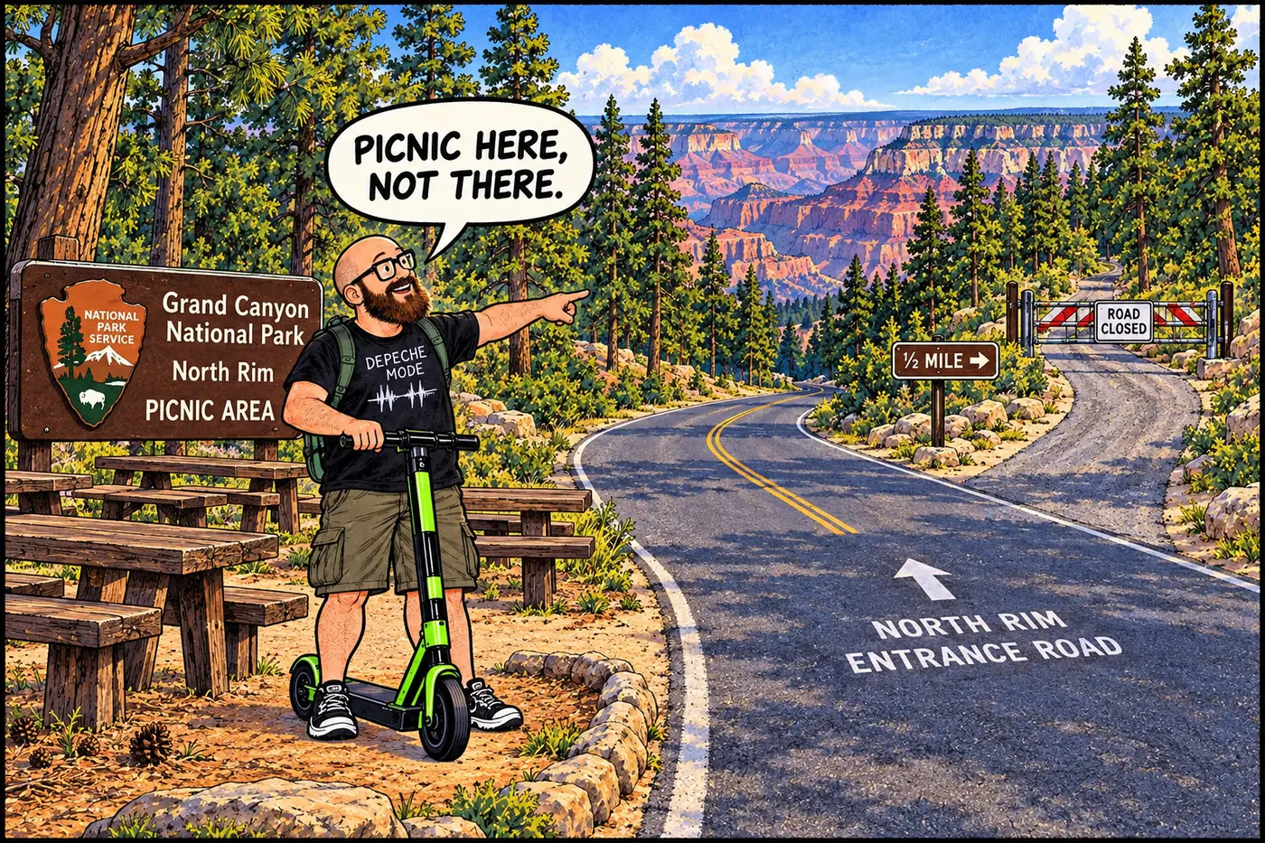 Labeled illustration of a road-closure gate and boundary posts on a forest side road near a picnic area sign on the North Rim