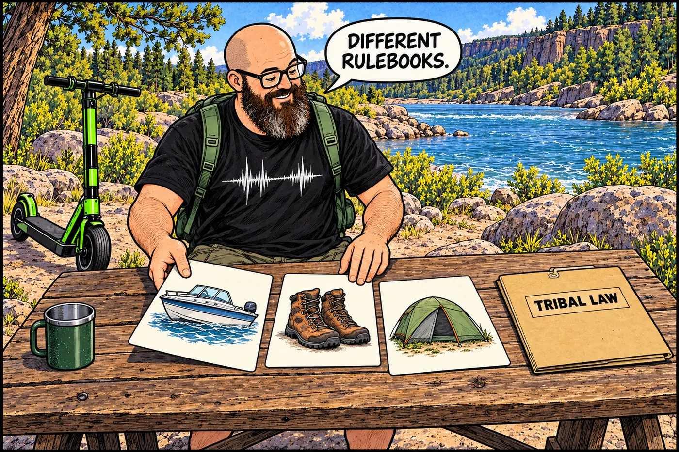 Host sorts separate illustrated rule cards for boats, seasonal wading and camping without depicting any sacred site