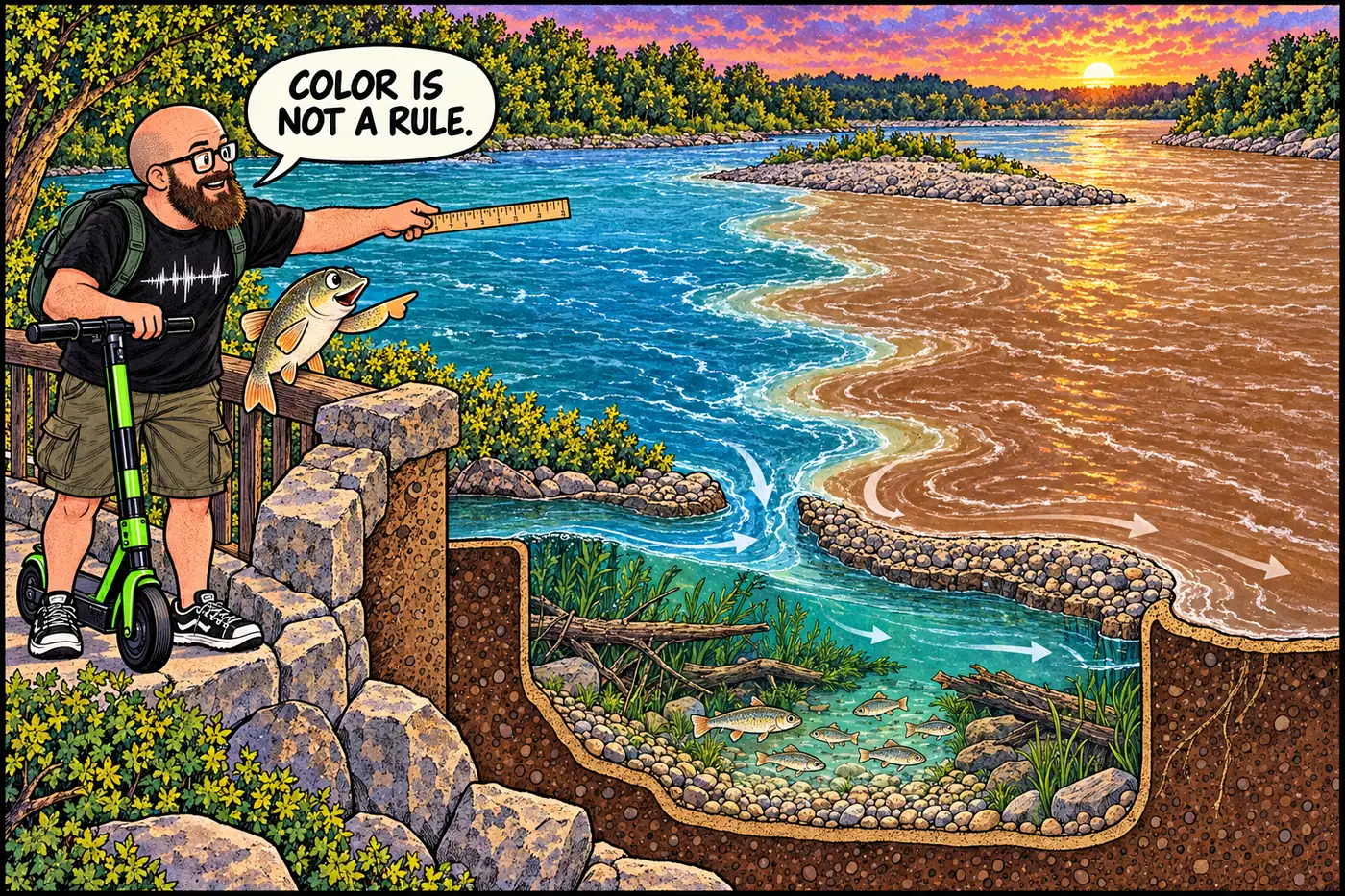 Comic cutaway of the two rivers joining, with a fish nursery beneath the water and the visible mixing line distinct from the river channel