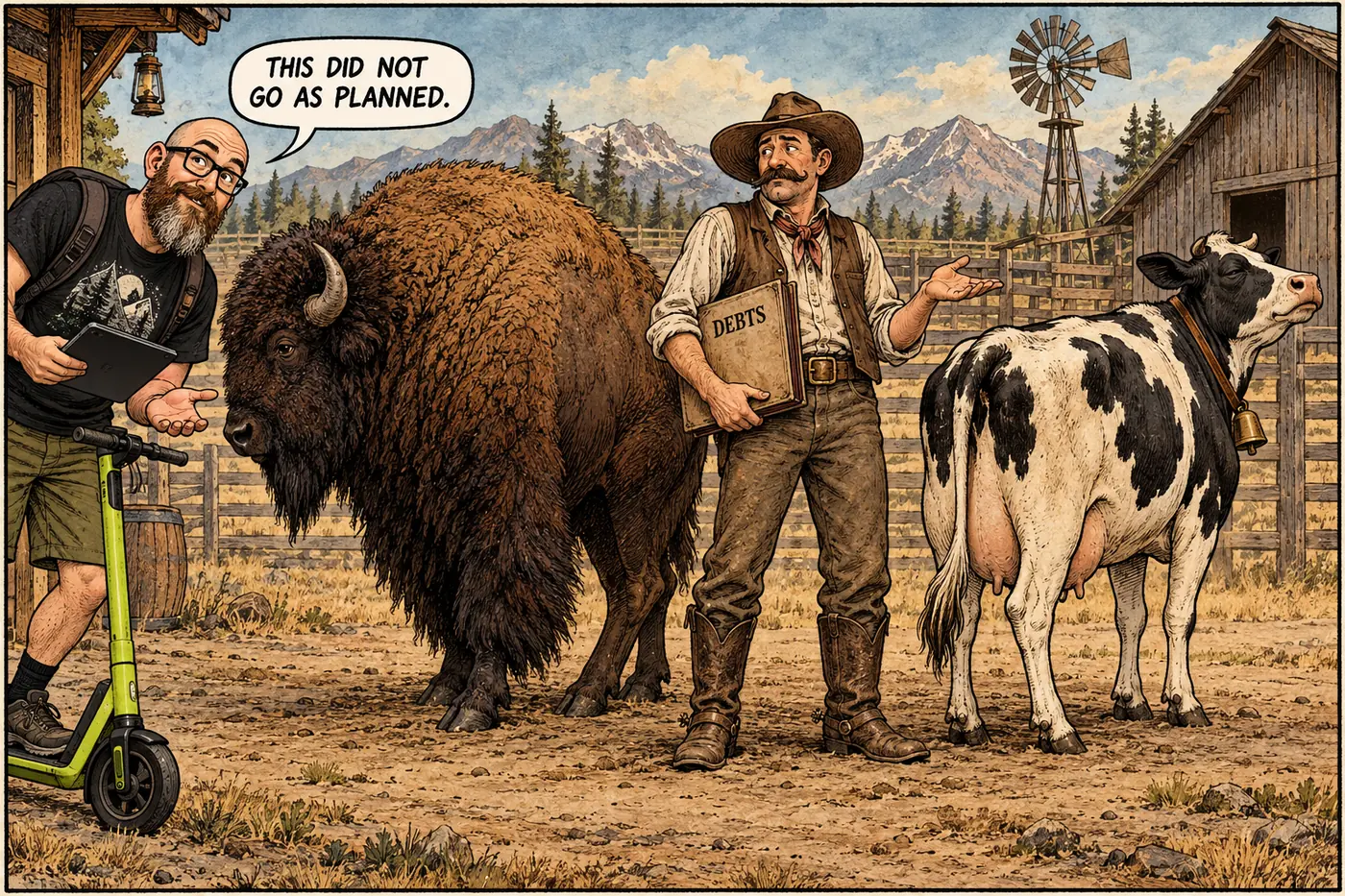 Cartoon of a frustrated early-1900s rancher standing between an unimpressed bison and a cow after a failed crossbreeding attempt