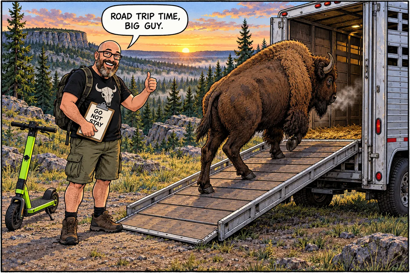 Cartoon of a bison walking up a ramp into a livestock trailer while the HOST holds a clipboard checklist