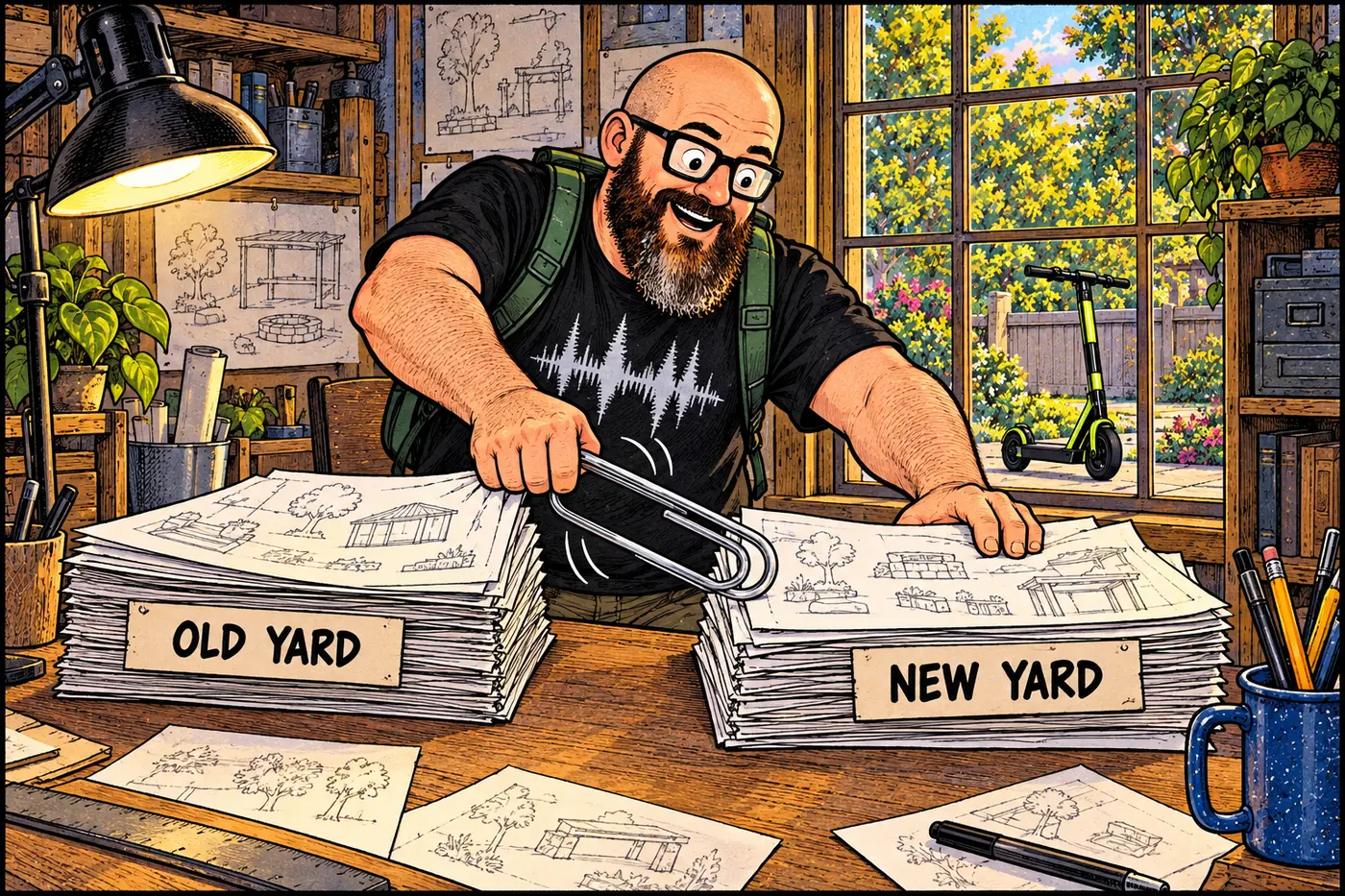 Host disentangles two differently aged bundles of building plans at a desk instead of treating them as one site